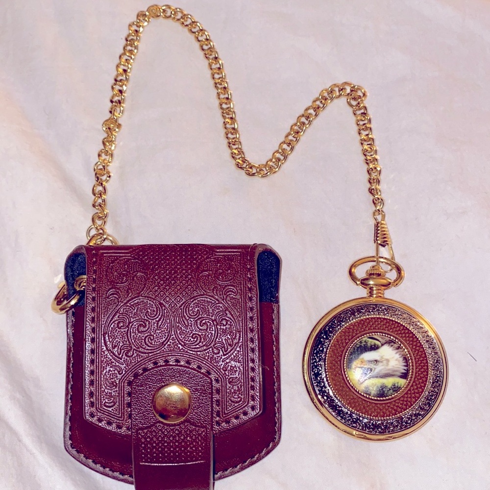 Franklin Mint Alaska Chilkat Preserve Bald Eagle Pocket Watch On Chain W/ Pouch